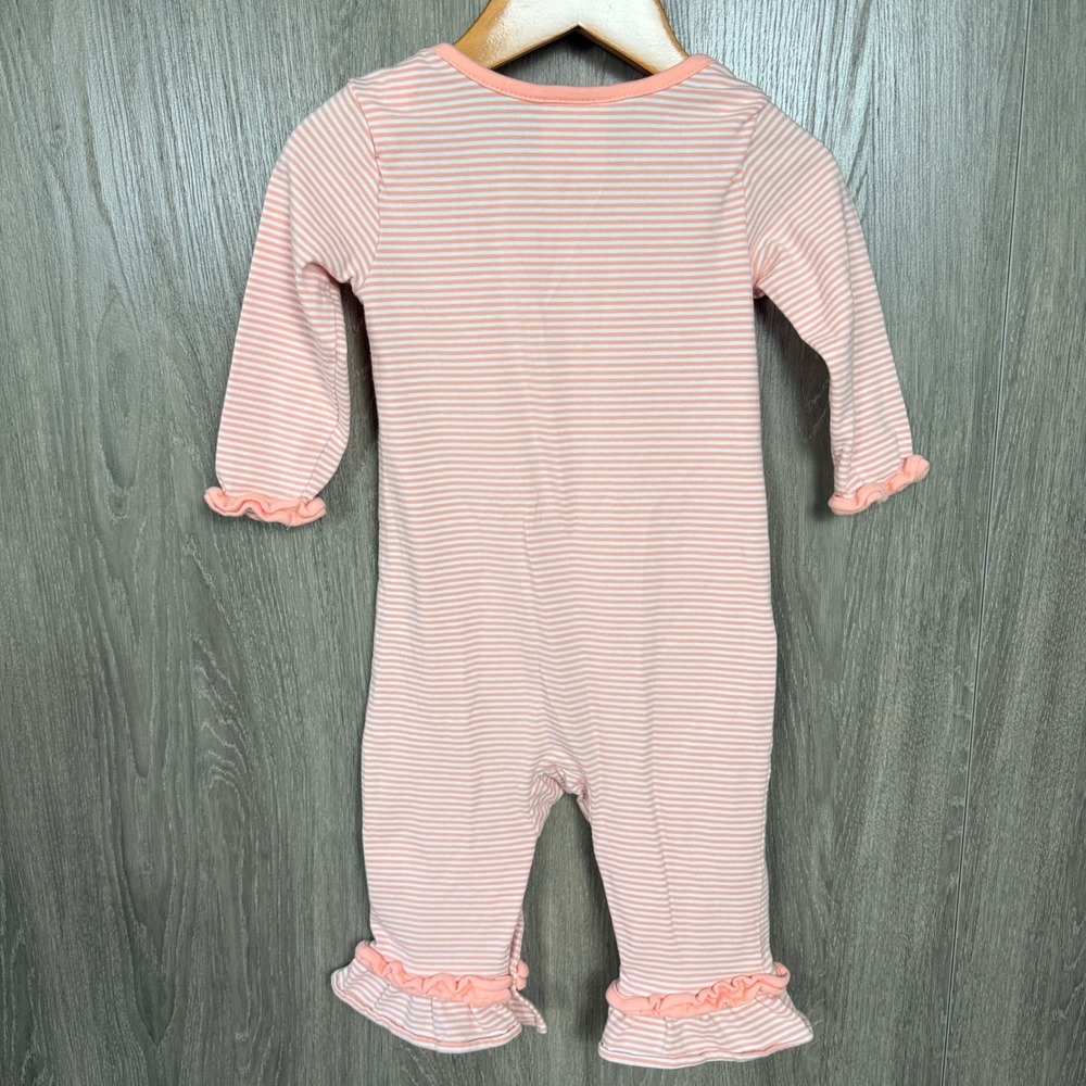 Stitchy Fish Romper Girls 12M Peach Stripe Turkey Thanksgiving Fall Ruffle - Picture 4 of 6